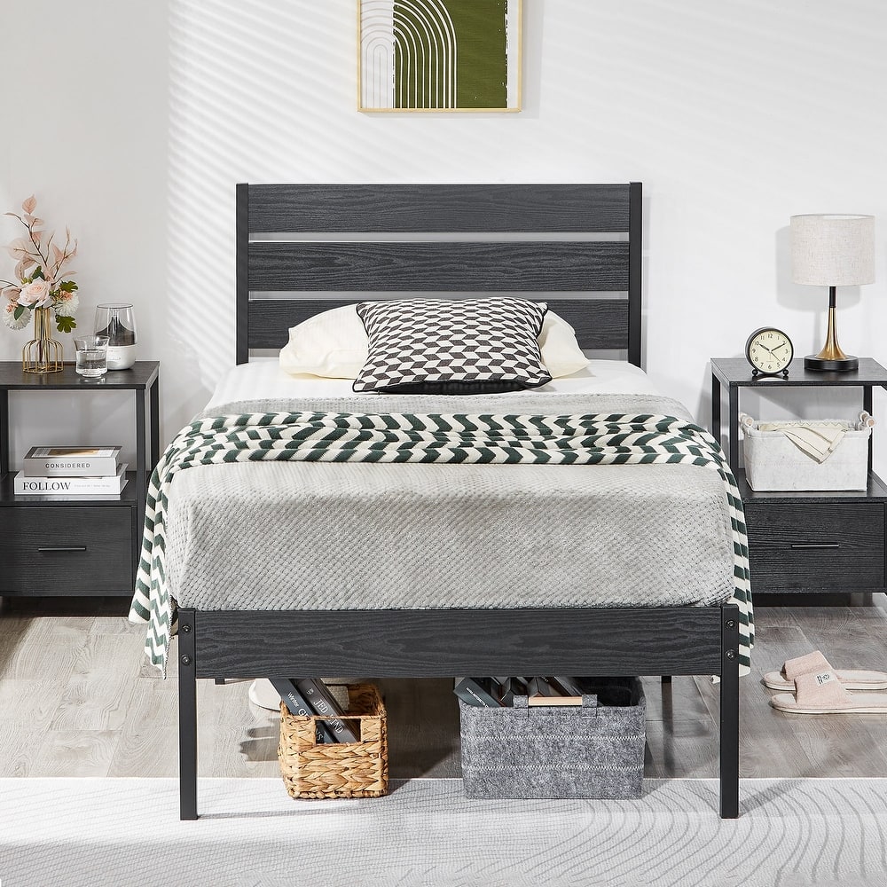 Javlergo Platform Bed Frame with Wood Headboard, Strong Metal Slats Support No Box Spring Needed