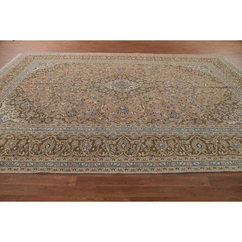 Traditional Mashad Vintage Persian Rug Handmade Orange Wool Carpet - 9'4" x 13'3"