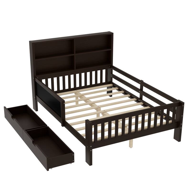 Childlike Fun Solid Wood Low-profile Platform Bed Storage Bed Frame with Side Chalkboard, Open Shelves, Drawers and Guardrails