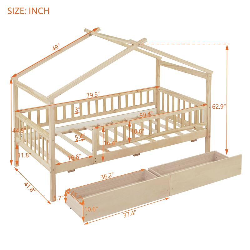 Wooden House Bed for Kids with Two Storage Drawers, Sturdy Twin Size Design