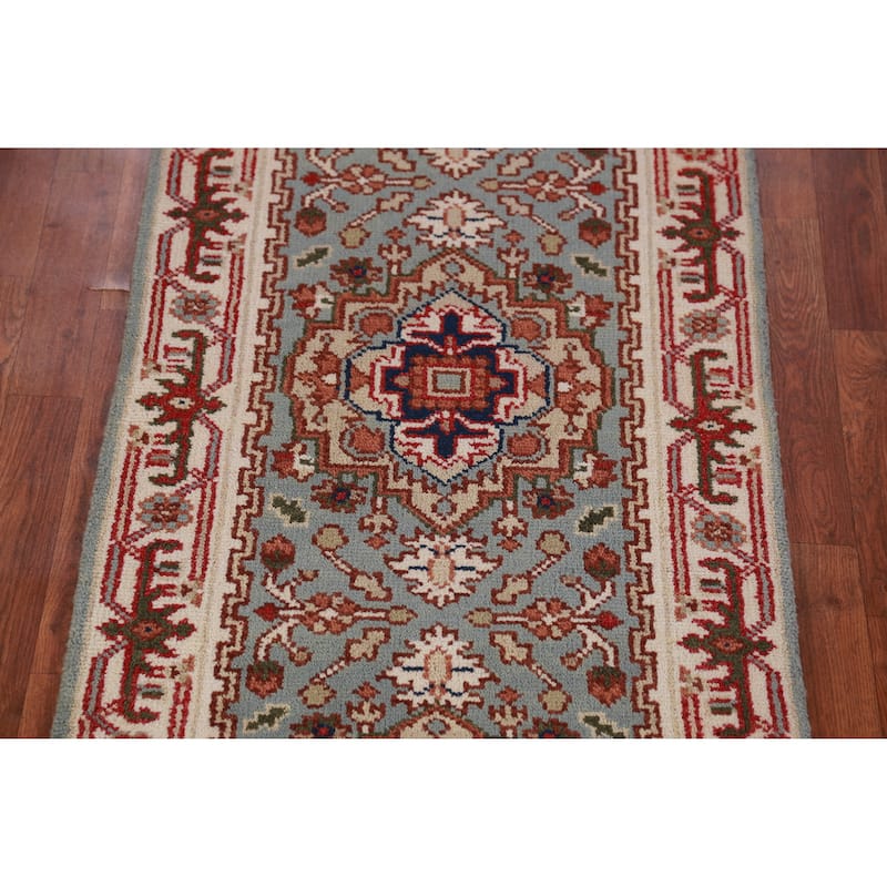 Hand Knotted Oriental 100% Wool Carpet Traditional Geometric Navy Blue & Blues Heriz (serapi) Runner Rug - 8' 2'' X 2' 6''