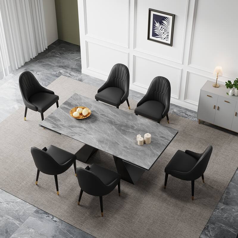 9 - Piece 110.24'' Extendable Sintered Stone Dining Table and 8 Leather Chairs Dining Set