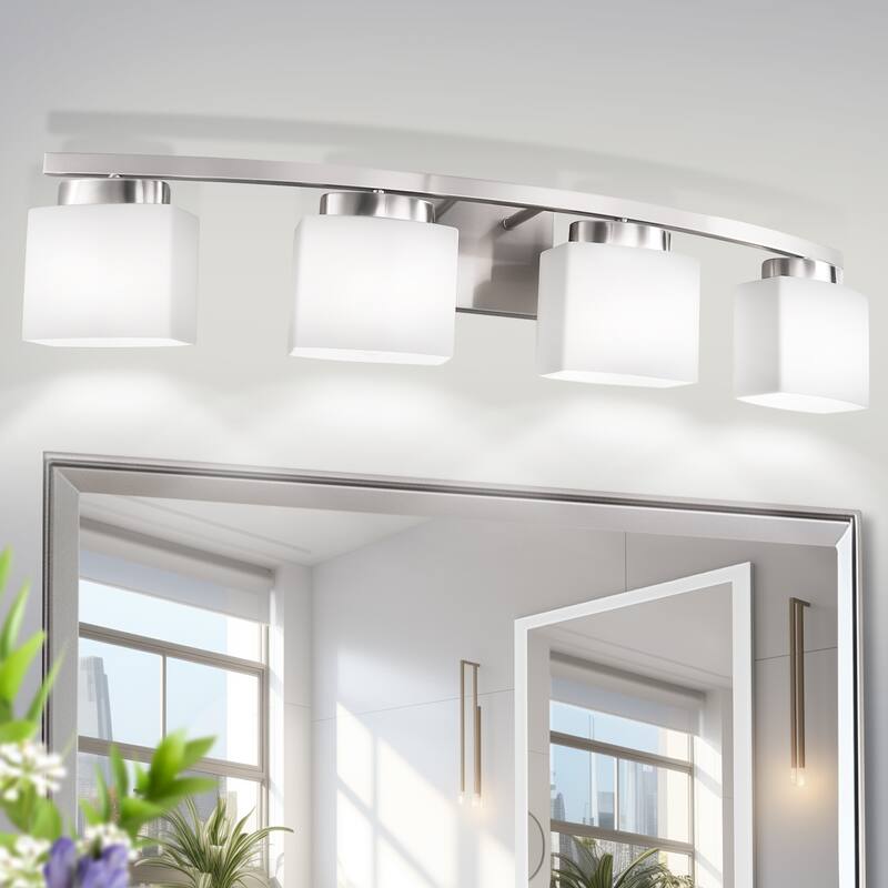 YANSUN E26 4-Light Sleek Nickel Curved Vanity Light with Frosted White Shades for Modern Spaces - 33.5*6.5*7.5