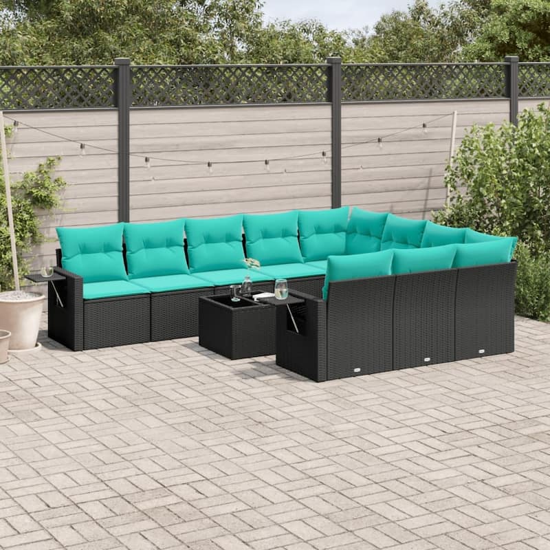 vidaXL 10 Piece Patio Sofa Set with Cushions Black Poly Rattan - 21.7x27.2x24.4-With table