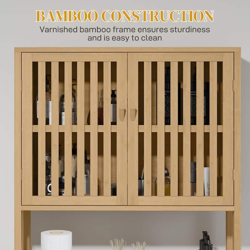 Sofucor Bamboo Over The Toilet Storage Cabinet,Bathroom Organizer with Slatted Doors,Adjustable Shelf and Open Shelf,Natural