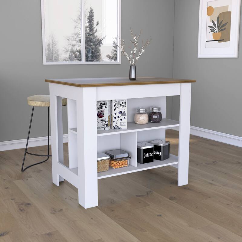 Kitchen Island Dozza, Three Shelves, White / Walnut Finish,High quality and durable - White