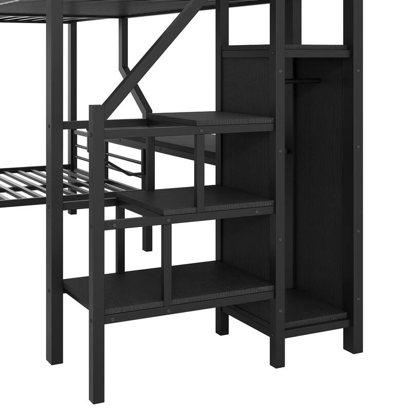 Metal L-Shaped Twin Over Full Bunk Bed with Loft Bed Frame Built-in Desk with USB, Staircase and Wardrobe for 3