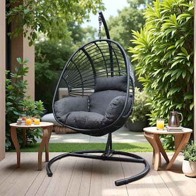 PE Wicker Swing Egg Chair with Stand - Indoor/Outdoor Hanging Chair and Anthracite Cushion and Metal Base (Handwoven Design)