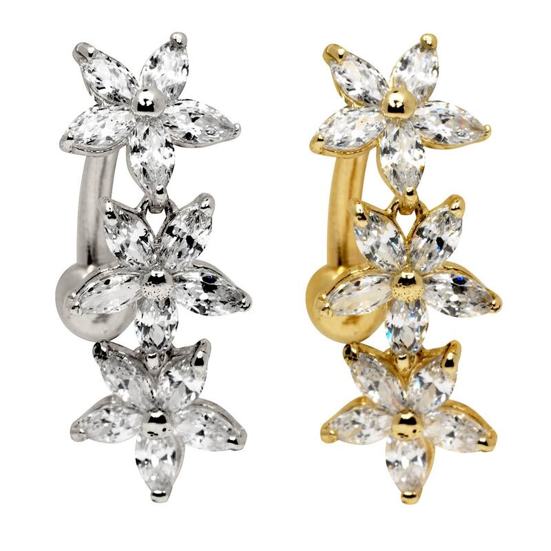 Curata Solid 14k Yellow or White Gold Marquise Flower Cubic Zirconia Top Mount Belly Button Ring Dangle (7mm x 24mm)