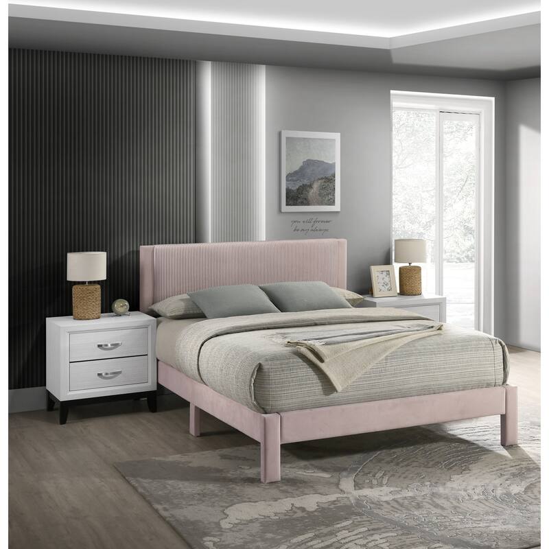 Contemporary Plush Upholstered Ribbed Headboard Low-profile Queen Platform Bed in Pink