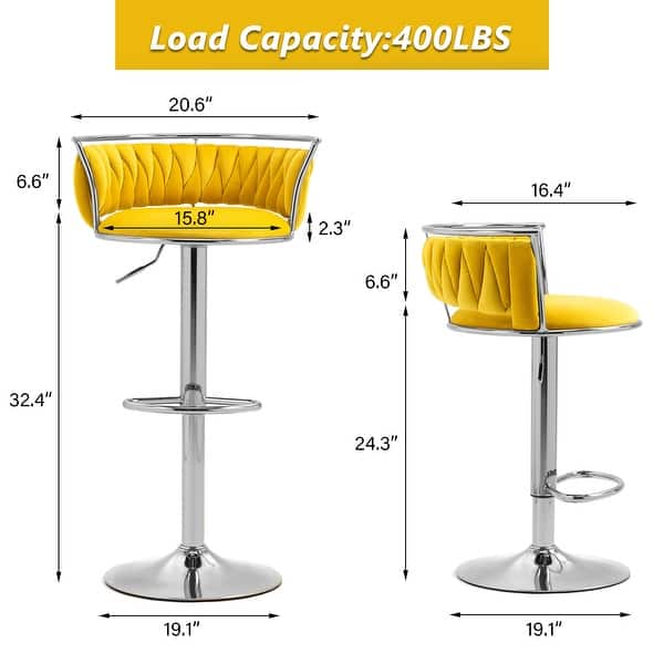 dimension image slide 2 of 24, Modern Velvet Adjustable Swivel Bar Stools Set of 2