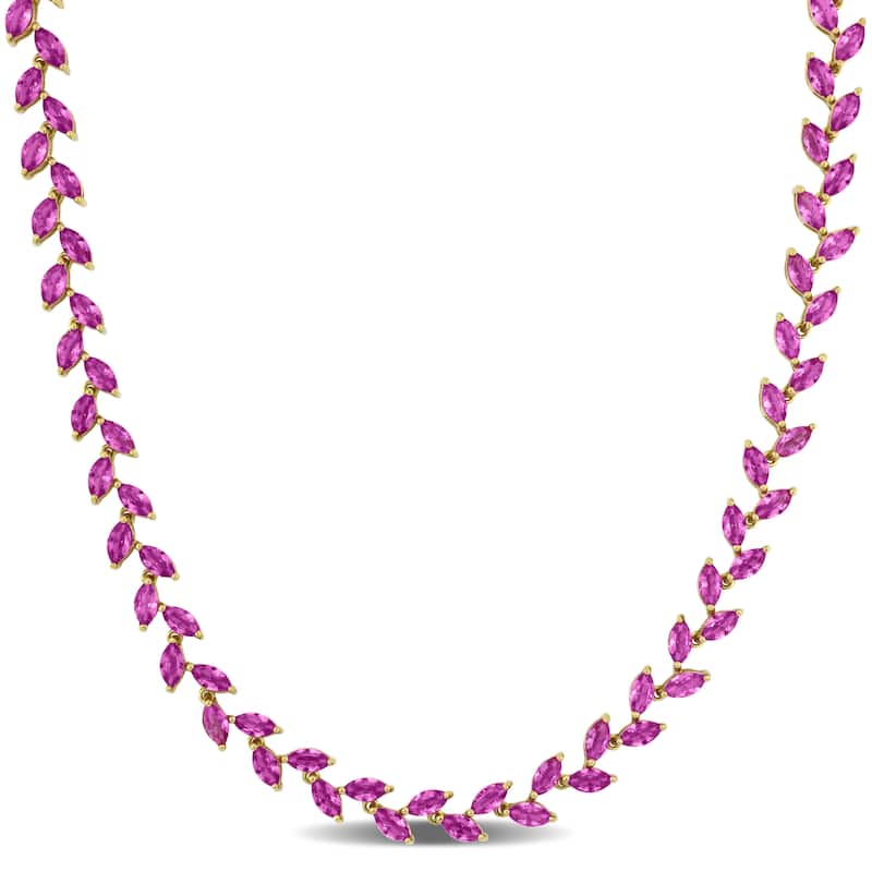 Miadora 29 1/2ct TGW Created Pink Sapphire Leaf Necklace in Yellow Silver-17 in
