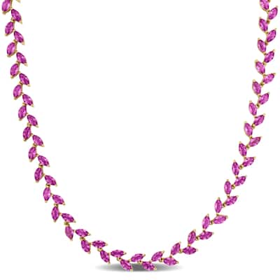 Miadora 29 1/2ct TGW Created Pink Sapphire Leaf Necklace in Yellow Silver-17 in