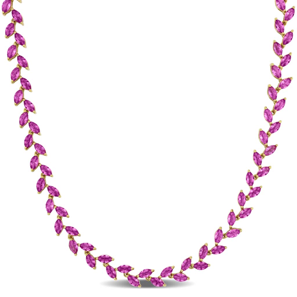 Miadora 29 1/2ct TGW Created Pink Sapphire Leaf Necklace in Yellow Silver-17 in