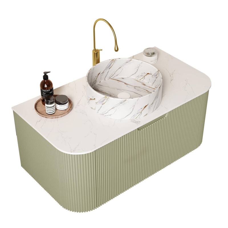 Floating Bathroom with Round Ceramic Basin and Storage Drawer