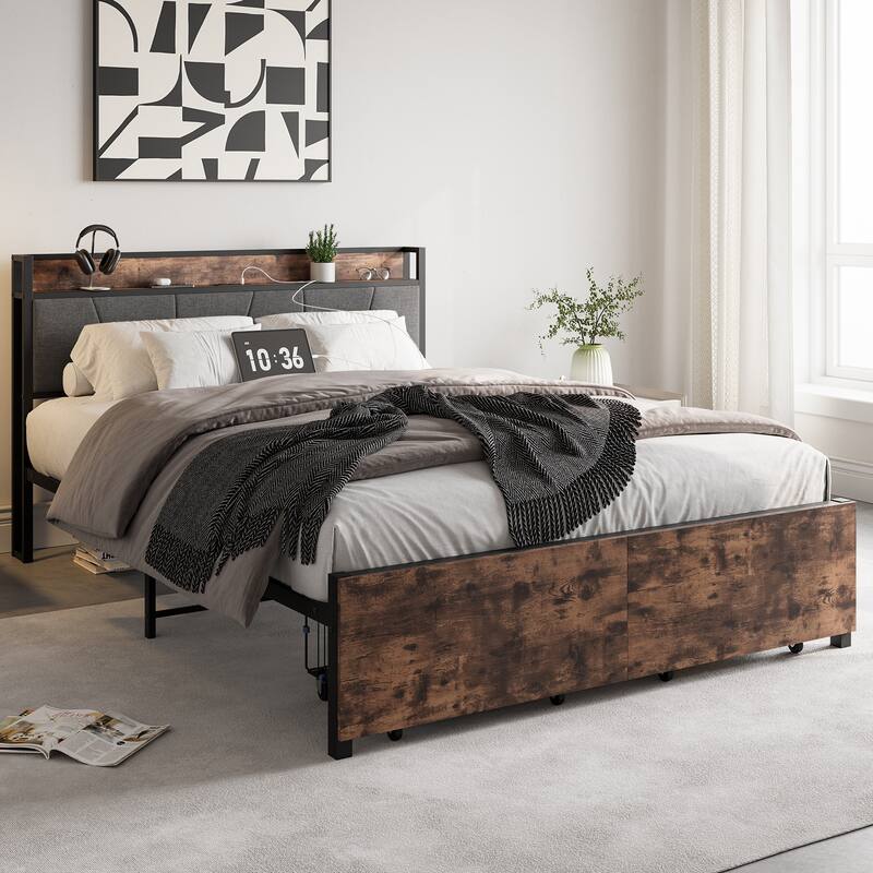 Queen Size Platform Bed Frame, Smart Bed Frame with Charging Station, 2 Drawers, Bedroom Bed with Upholstered Headboard