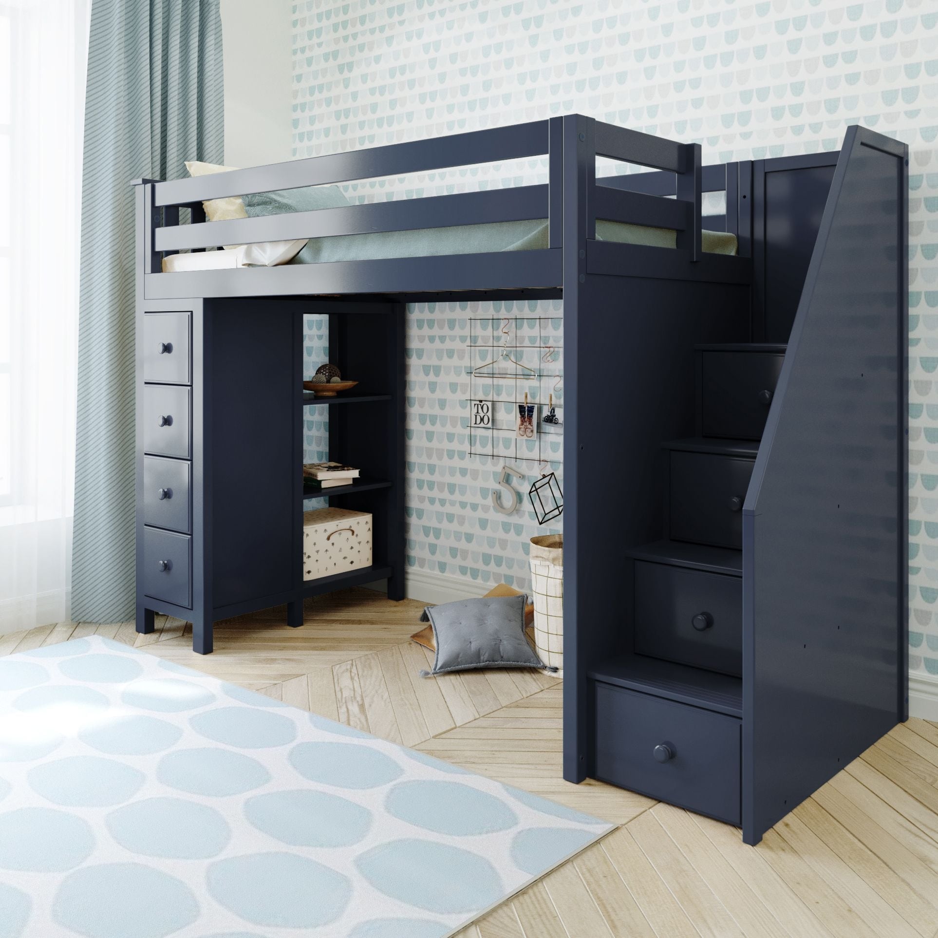 A white loft bed with stairs on the right and built-in desk and shelves beneath. Drawers on left and cozy rug. Room contains window with gray curtains.