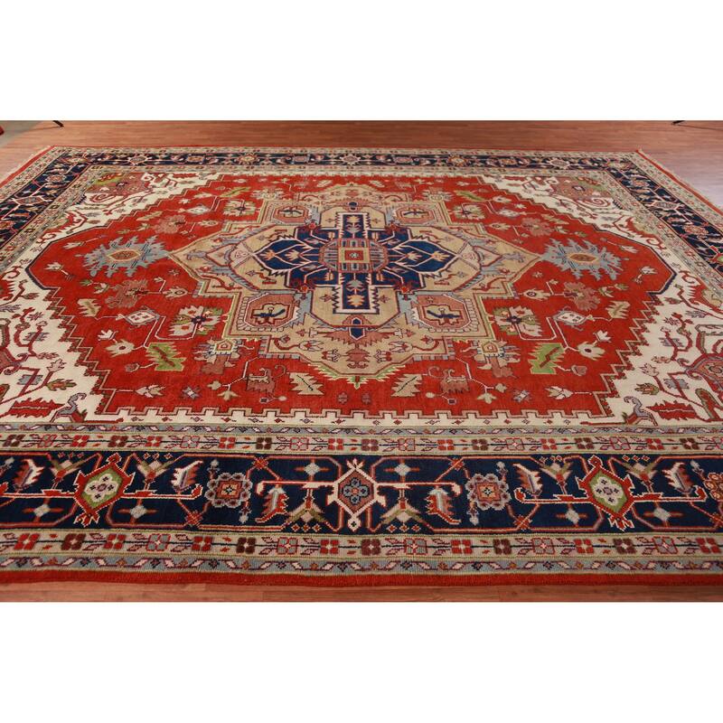 Orange Medallion Heriz Serapi Large Rug Hand-Knotted Wool Carpet - 11'8" x 15'3"
