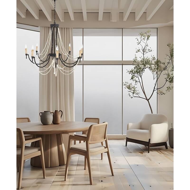 Rustic Beach Chandelier with Wooden Bead Strands | Matte Black 8-Light Dining Room Fixture - Satin Black
