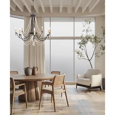 Rustic Beach Chandelier with Wooden Bead Strands | Matte Black 8-Light Dining Room Fixture - Satin Black
