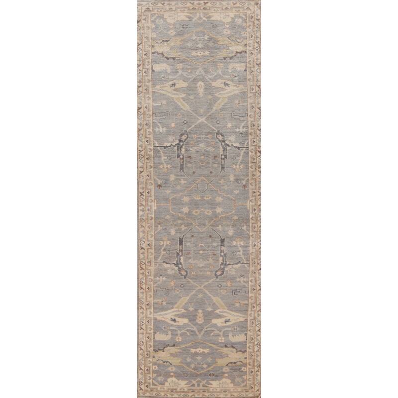 Hand Knotted Oriental 100% Wool Carpet Transitional All-Over Greys & Charcoal Oushak Runner Rug - 12' 1'' X 3' 0''