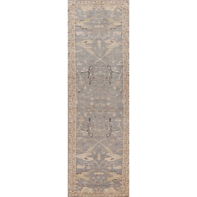 Hand Knotted Oriental 100% Wool Carpet Transitional All-Over Greys & Charcoal Oushak Runner Rug - 12' 1'' X 3' 0''
