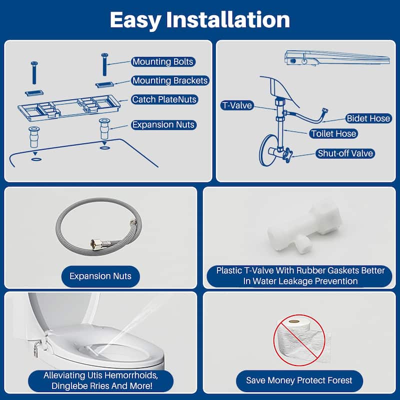 Non-Electric Quiet Close Bidet Seat for Elongated Toilets in White with Double Nozzles, Rinsing without Electricity - 20*15