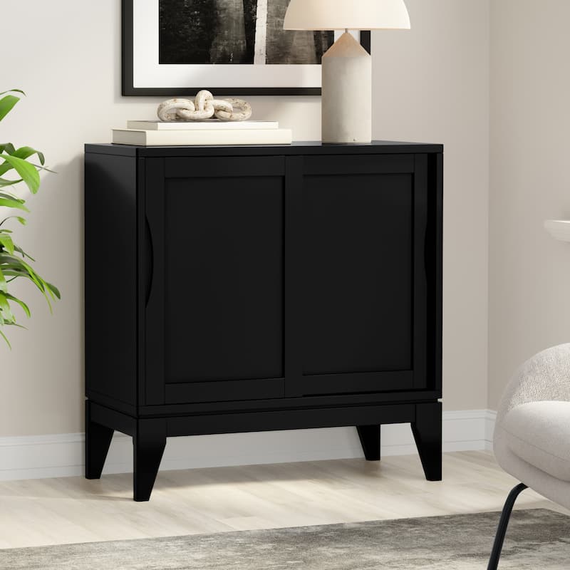 WYNDENHALL Pearson SOLID HARDWOOD 30 inch Wide Mid Century Modern Low Storage Cabinet - 30"w x 14"d x 31"h - Black