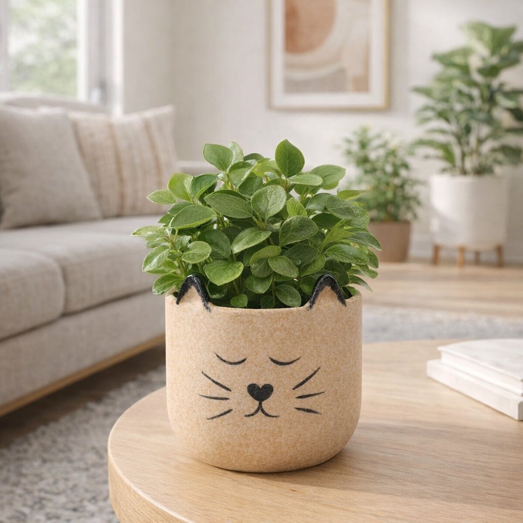 Plant Pot - Tan Ceramic Round Crafted Solid Kitty Face, 7" - 7.0"