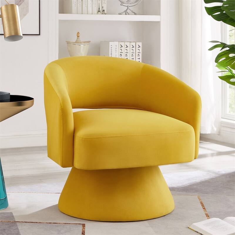 Modern Upholstered Velvet Swivel Barrel Chair with Armrest - Yellow