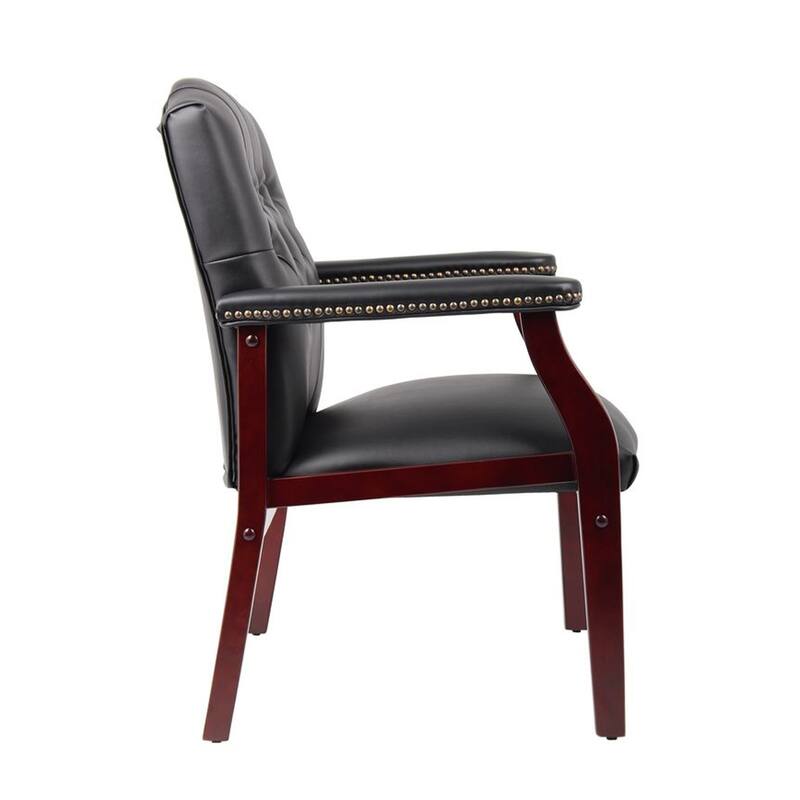Koe Classic Reception Guest Armchair, Black Vinyl Tufted Back, Wood Legs