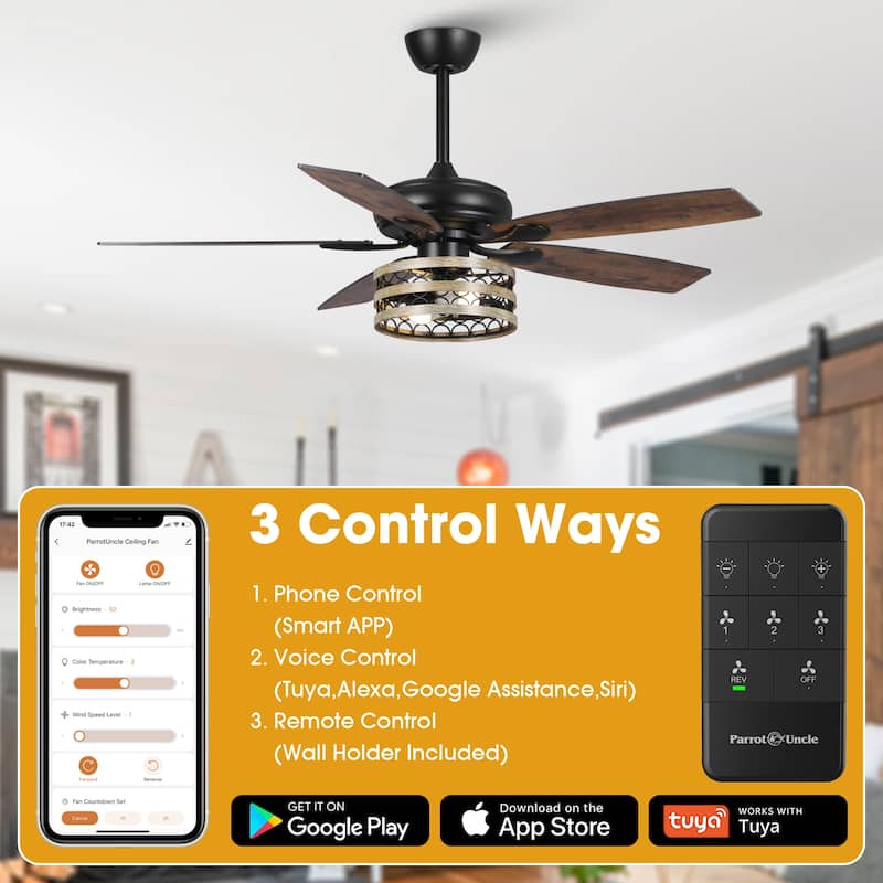52" Farmhouse Reversible 5-Blade Smart Ceiling Fan with Remote, App Control, Voice Control