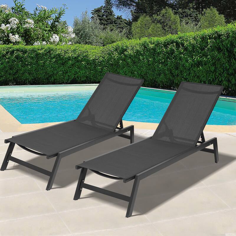Outdoor 2 Pcs Set Patio Lounge Chairs, FivePosition Adjustable Aluminum Patio Chaise Lounges