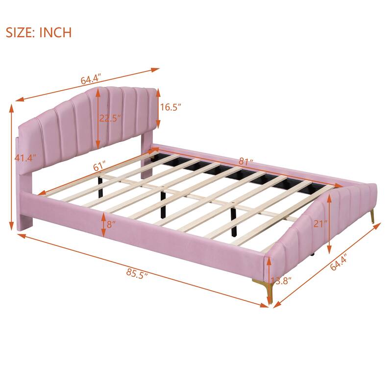 Queen Size Velvet Platform Bed with Metal Bed Leg