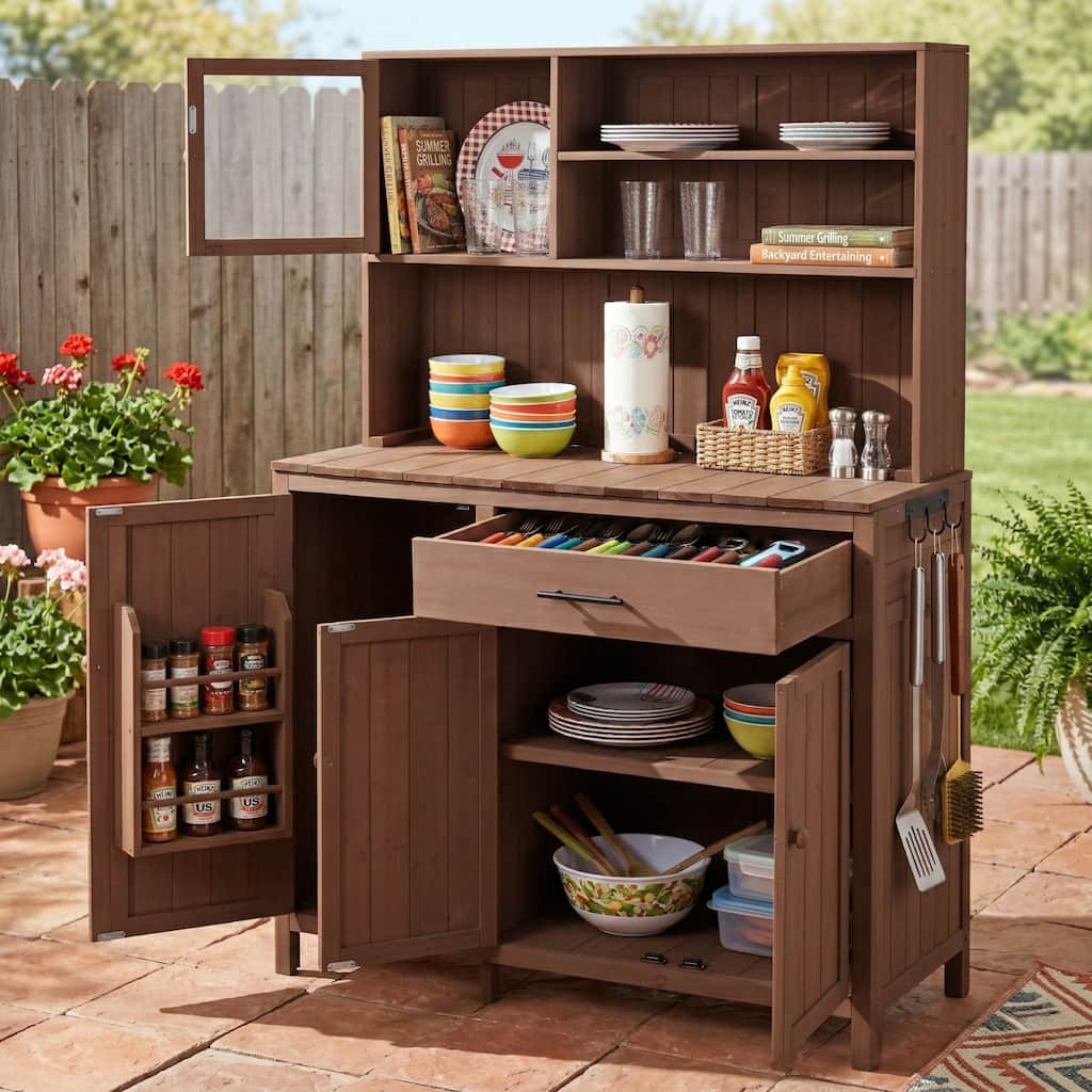 Potting Bench with Hutch, 65"H Solid Fir Wood Garden Workstation,Large Countertop,with Shelves,Spice Rack,Side Hook and Drawer