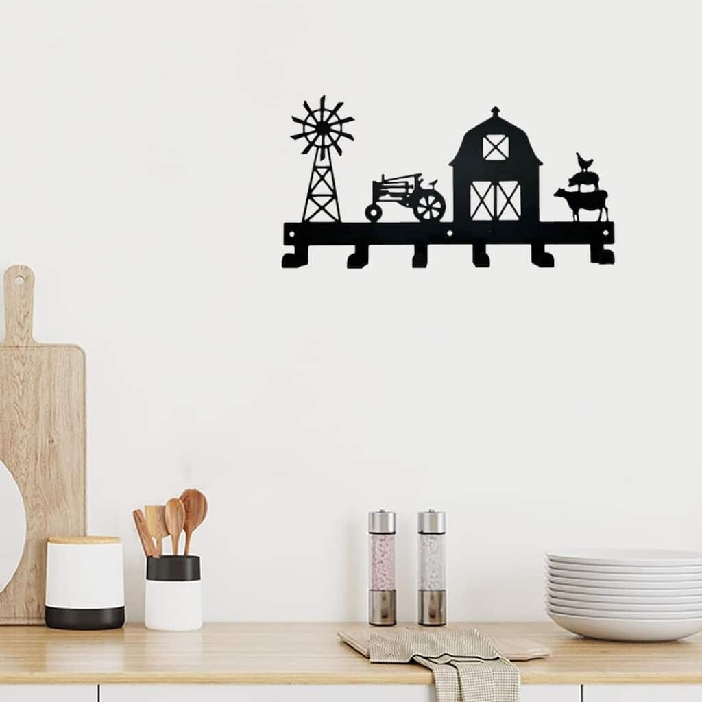 Black Metal Wall-Mounted Towel Hook Rack 6 Hooks Space-Saving Bathroom Storage Organizer - 11.57”L x 6.02”H