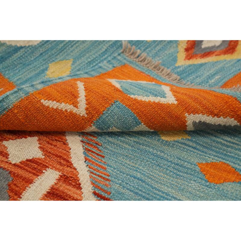 Hand Woven Oriental 100% Wool Carpet Southwestern Tribal Navy Blue & Blues Kilim Runner Rug - 9' 11'' X 2' 10''