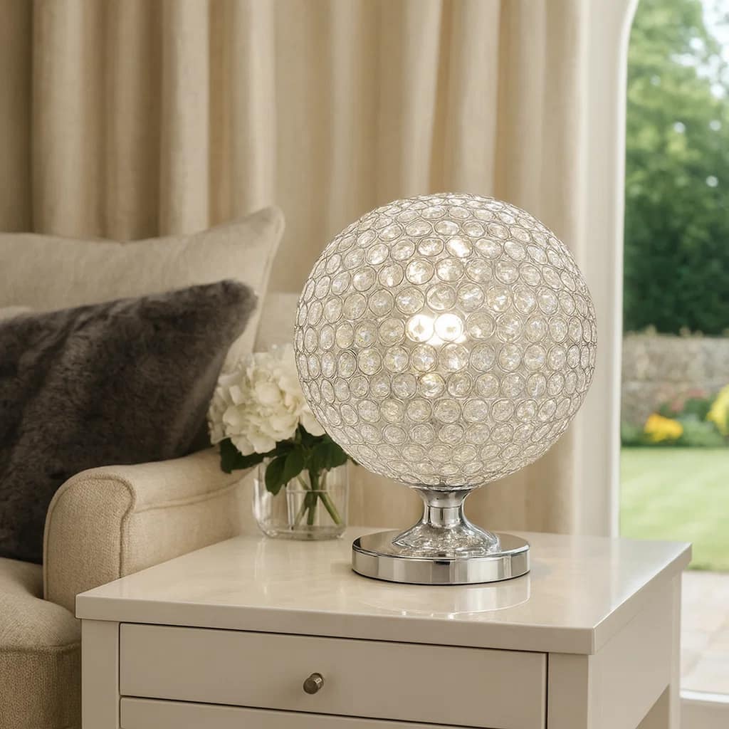 Hazel 13 Inch Table Lamp, Crystal, LED Globe Shade, Metal, Clear Finish