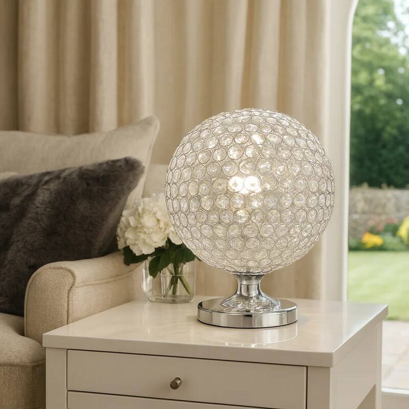 Hazel 13 Inch Table Lamp, Crystal, LED Globe Shade, Metal, Clear Finish