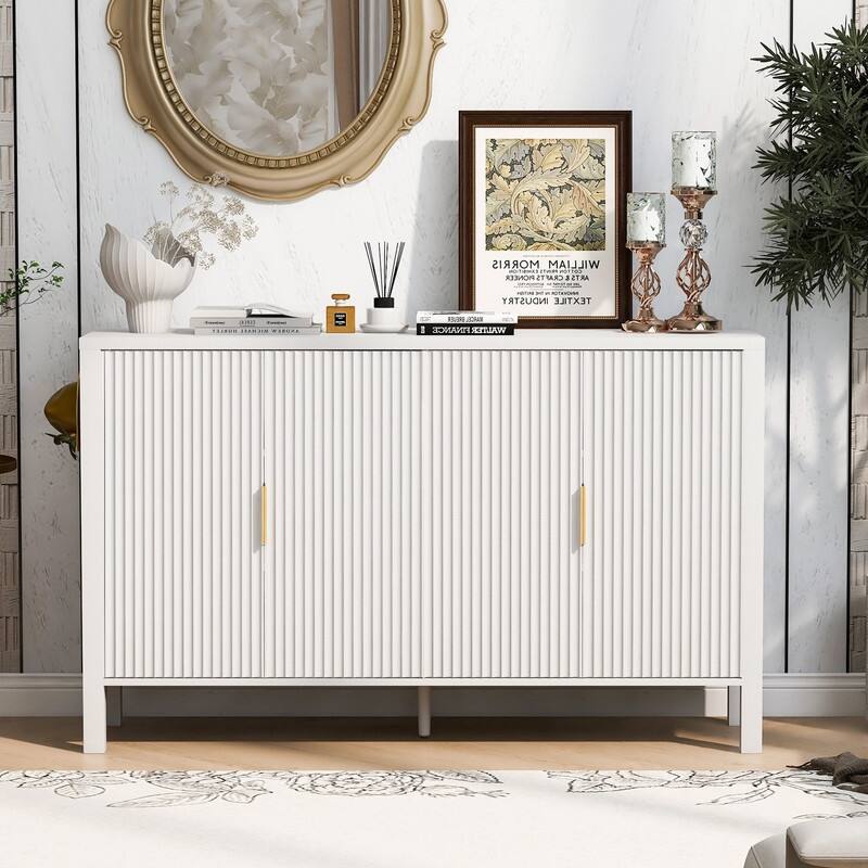 Modern 57.5" Fluted Door 4-Door Sideboard with Side Hooks and Adjustable Shelves - White