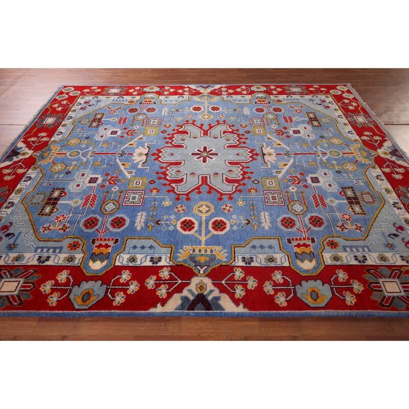 Blue Geometric Kazak Oriental Area Rug Hand-Knotted Wool Carpet - 7'11"x 10'0"