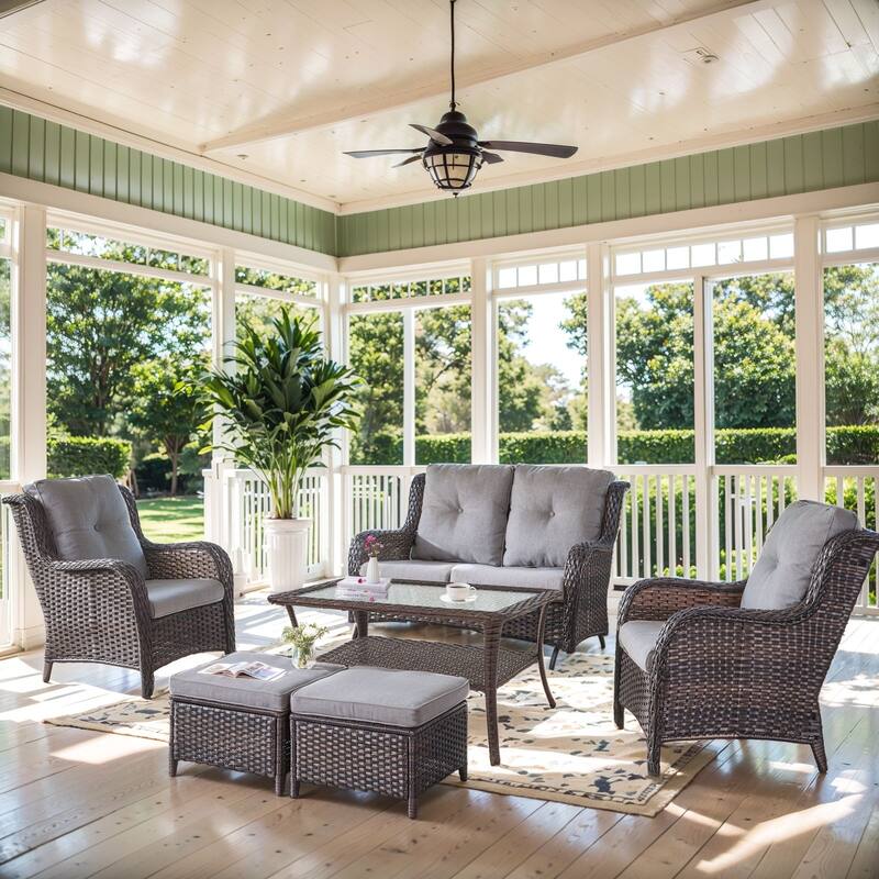 Pocassy Outdoor Glider 2-Seat Sofa with Soft Cushion - Brown Rattan - Grey Cushion - 6PCS Sofa Patio Chair Ottoman with Table