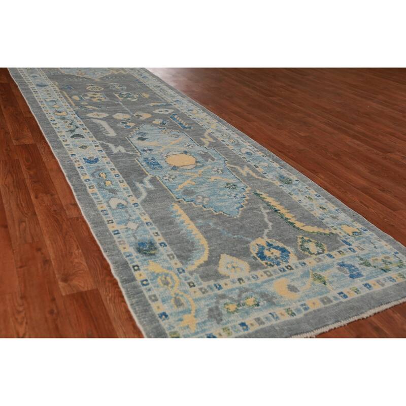 Hand Knotted Oriental 100% Wool Carpet Transitional Geometric Greys & Charcoal Oushak Runner Rug - 15' 0'' X 3' 2''