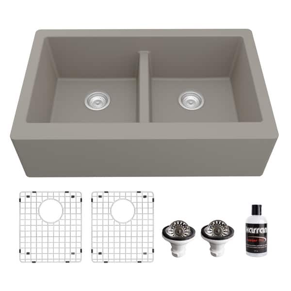 slide 2 of 63, Karran Farmhouse Apron Front Quartz Double Bowl Kitchen Sink Kit Concrete