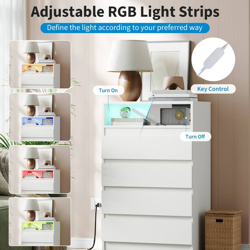 4 - Drawer Dresser With Power Outlet & LED Light, Modern Storage Cabinet