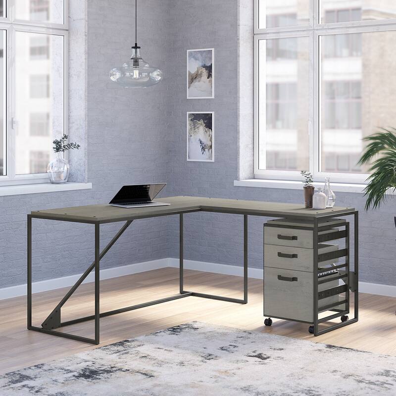 Refinery 62W L Shaped Industrial Desk with Drawers by Bush Furniture