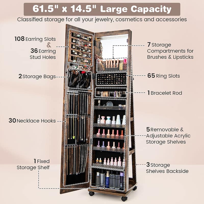 Gymax 64'' Jewelry Organizer Lockable Jewelry Cabinet Armoire w/