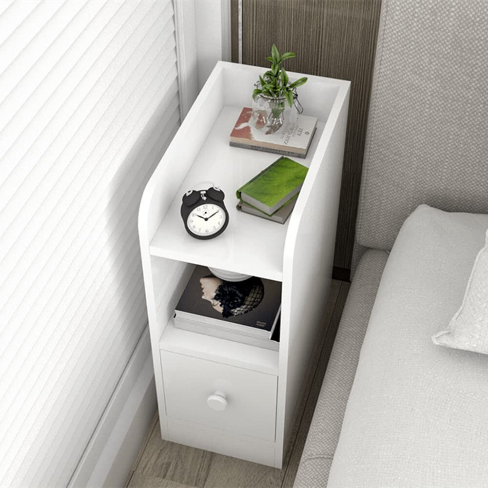 Modern White Nightstand with Storage Drawer Wood End Side Table Long Narrow Bedside Table for Small Spaces
