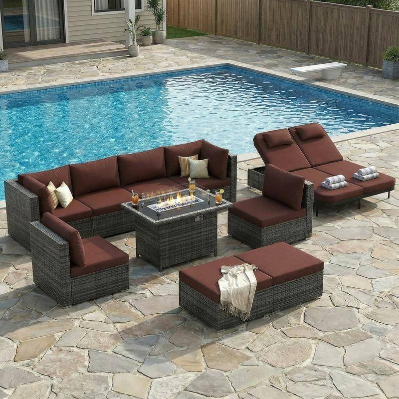 Outdoor Sectional Conversation Set PE Wicker with Double Chaise Lounge, 60,000 BTU Fire Pit Table - 10-Piece/Ottoman - Red
