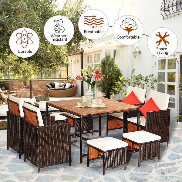 Costway 9PCS Patio Rattan Dining Set Cushioned Chairs Ottoman Wood